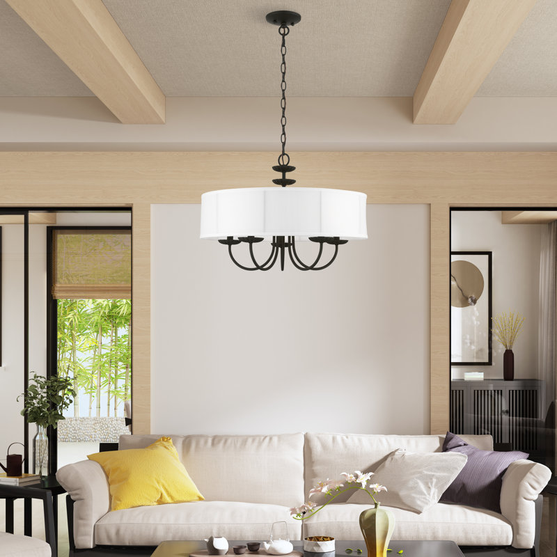 Sampson 23" W 5-Light Metal Drum Chandelier with Linen Blend Shade , Black