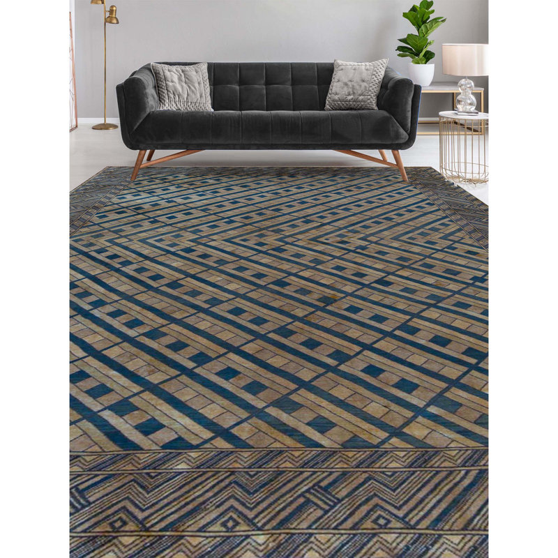 Wool Geometric Area Rug in Brown/Blue/Beige