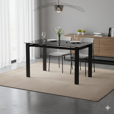 Contemporary Rectangular Dining Table with Tempered Glass Top and Black Metal Legs, Suitable for Living Room or Kitchen