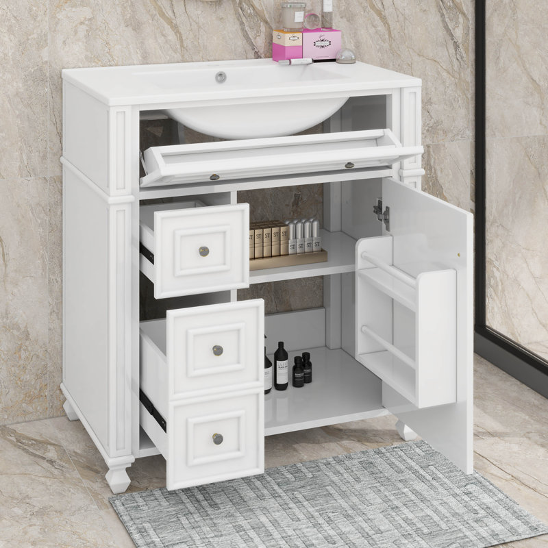 Ensemble de meuble-lavabo 30 po avec lavabo en céramique, tablette réglable et tiroir basculant, Blanc