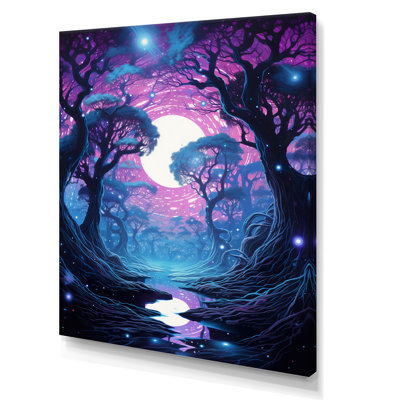 Pleine lune magique petite rivière dans une forêt enchantée sur toile