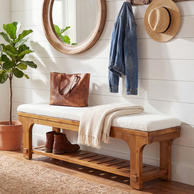 Banc de hall d'entrée en bois massif avec coussin bouclé, banc à chaussures de 59 po avec tablette de rangement à lattes, siège rembourré rustique pour vestibule et vestibule