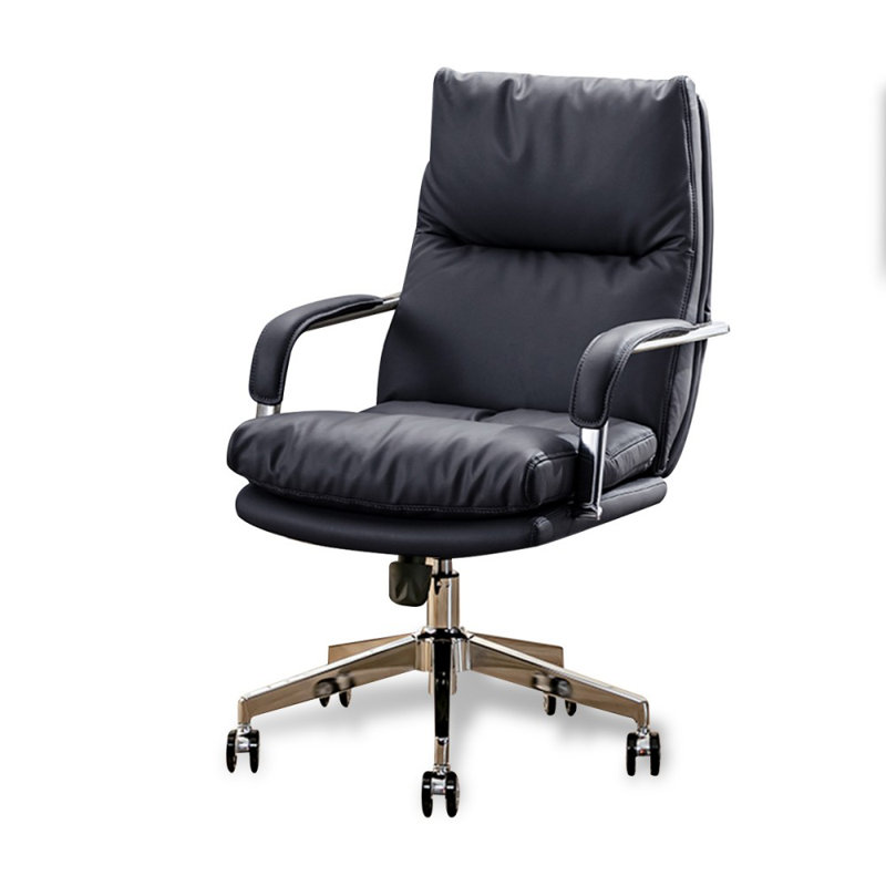 Fauteuil de bureau réglable en cuir véritable argenté + similicuir + acier, Noir, noir, noir, noir