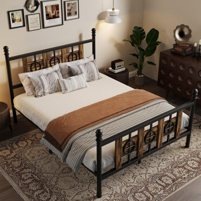 Queen Size Sturdy Metal Bed Frame with Vintage Circular Design, Platform with Headboard & Footboard-Spacious Under Bed Storage,No Box Spring Needed, Black