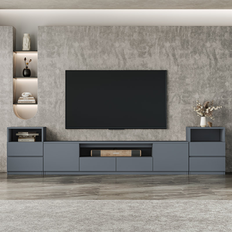 Meuble audio-vidéo moderne blanc de 118,2 po pour téléviseur 55/58/65/70/75 po, console média en bois avec meuble télé et table de chevet à deux tiroirs pour le salon et la chambre à coucher