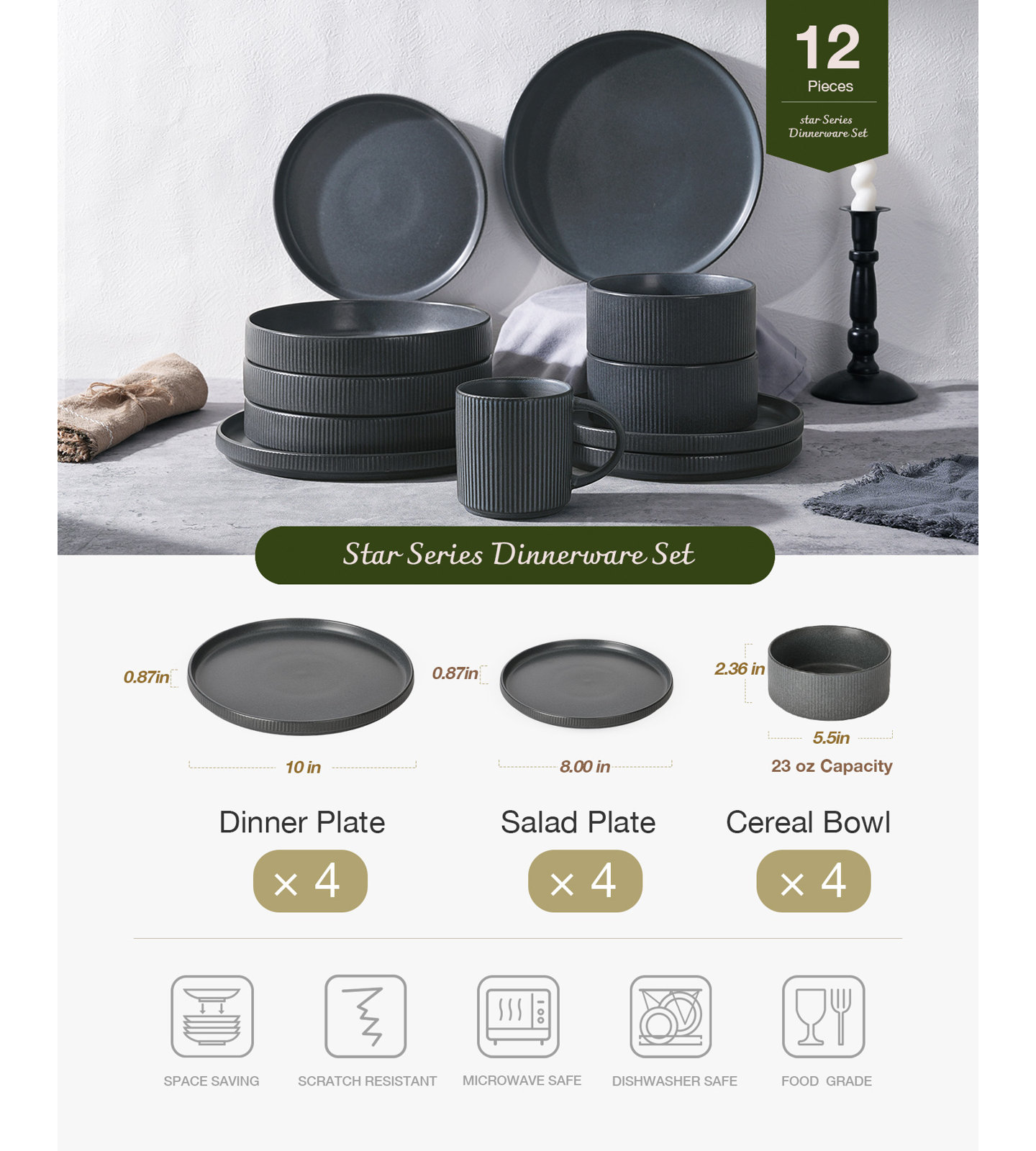 Stoneware Dinnerware Set, Service for 4, Matte Dark Charcoal