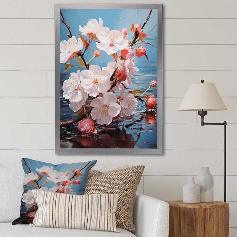 "Buchlovice Cherry Blossom" blanc et bleu, reproduction sur toile, H 40 po x l 30 po x P 1,5 po, Cadre photo argenté