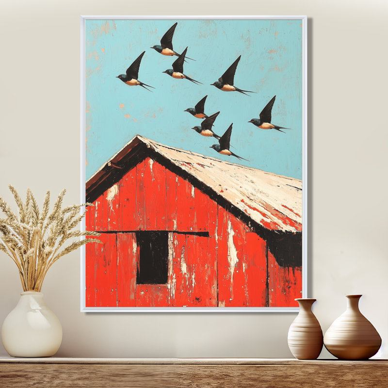 Claremont Swallows Birds Over The Red Barn III - Bird, reproduction d'art sur toile encadrée, H 32 po x l 16 po, Blanc