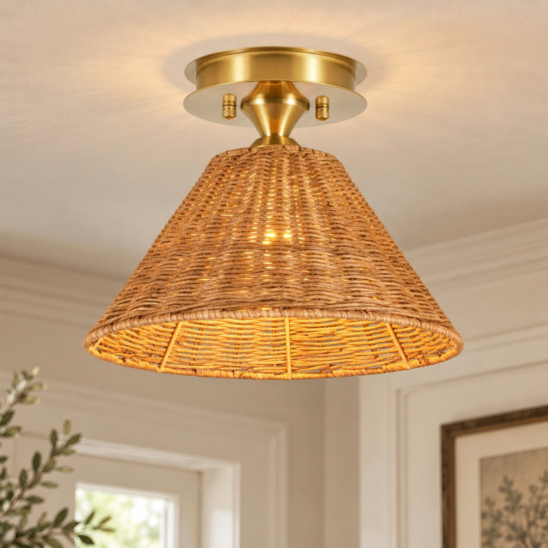 Cavello 1-Light Dimmable Woven Rattan Cone Flush Mount Ceiling Light