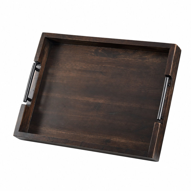 Wood Decorative Serving Tray with Metal Handles, Walnut