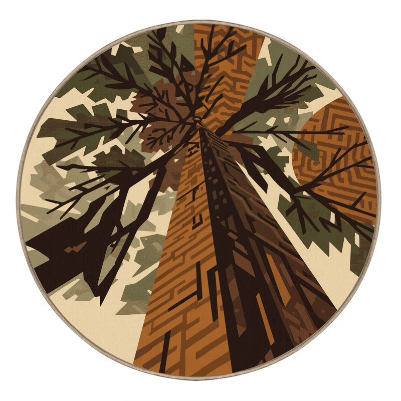 Machine Washable Pascasio Cedar Tree Mission / Shaker Geometric Rug in Brown – Beige Binding, 5' Round
