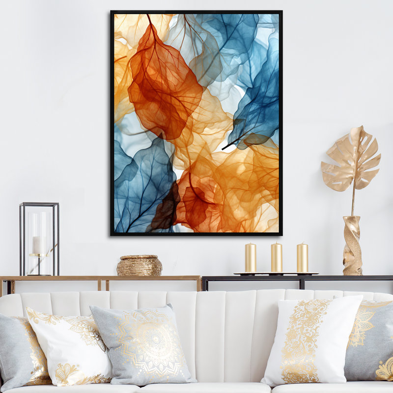 Rétro motif de feuille orange et bleu - formes abstraites, art mural, salon, H 44 po x l 34 po x P 1,5 po