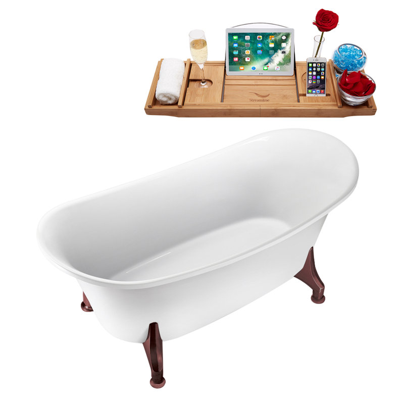 Baignoire de trempage sur pattes 67 "avec drain, pattes et plateau en bambou 67" Streamline, Bronze huilé mat, Bronze brossé