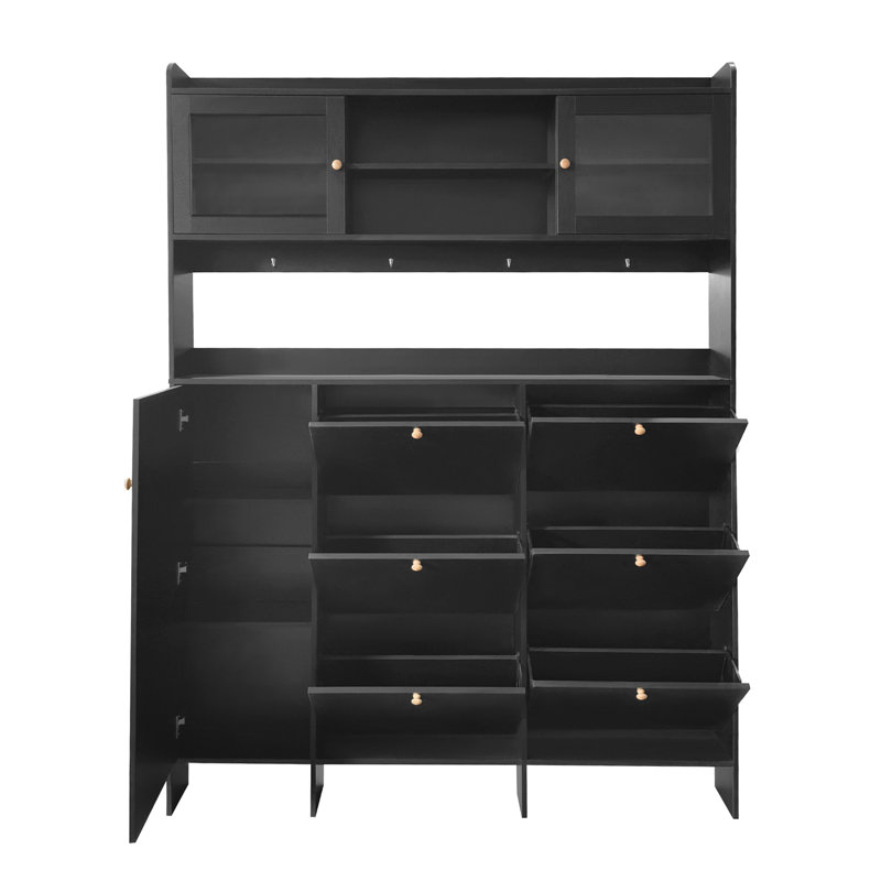 Armoire à chaussures contemporaine avec 6 tiroirs et 4 crochets, grandes portes en verre trempé pour couloir, beauté noire renversante