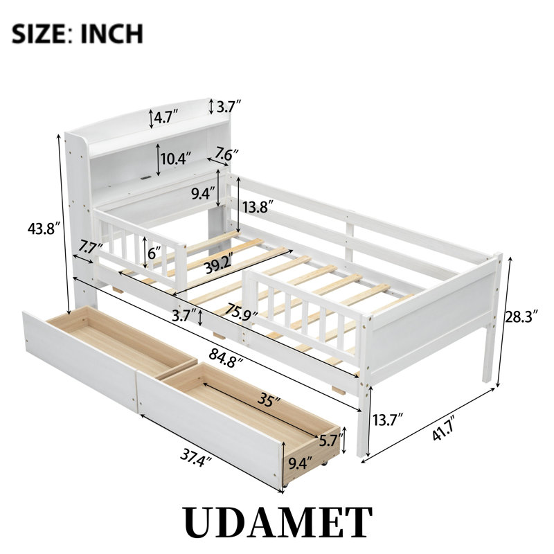 Lit plateforme simple en bois avec lumière DEL intégrée, tête de lit multifonctionnelle, 2 tiroirs, Blanc