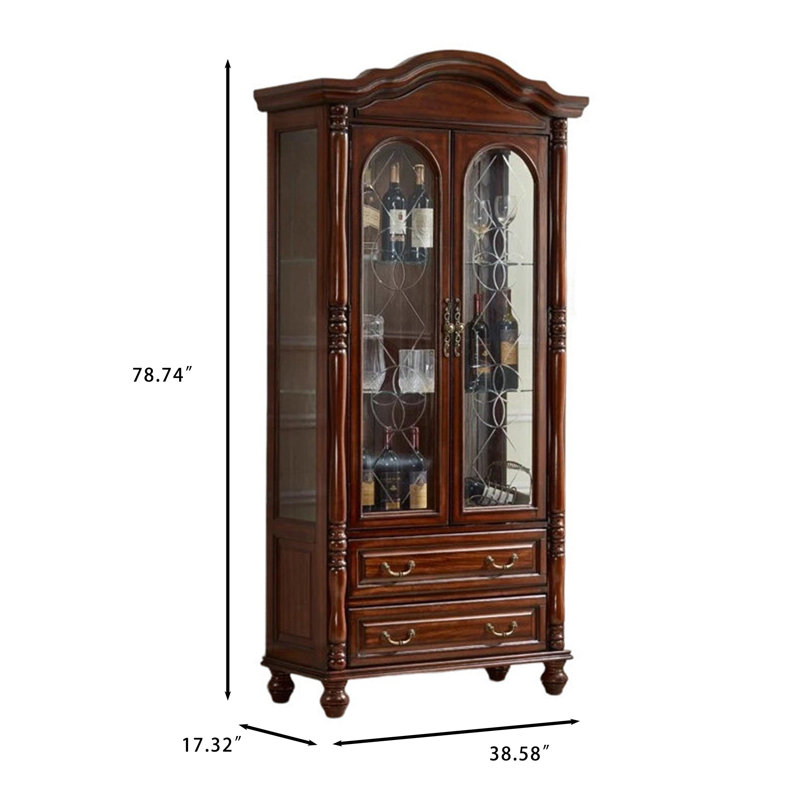 Armoire à vin 38,58 "à double porte arquée, présentoir en verre trempé avec tiroirs doubles et sculptures vieillies