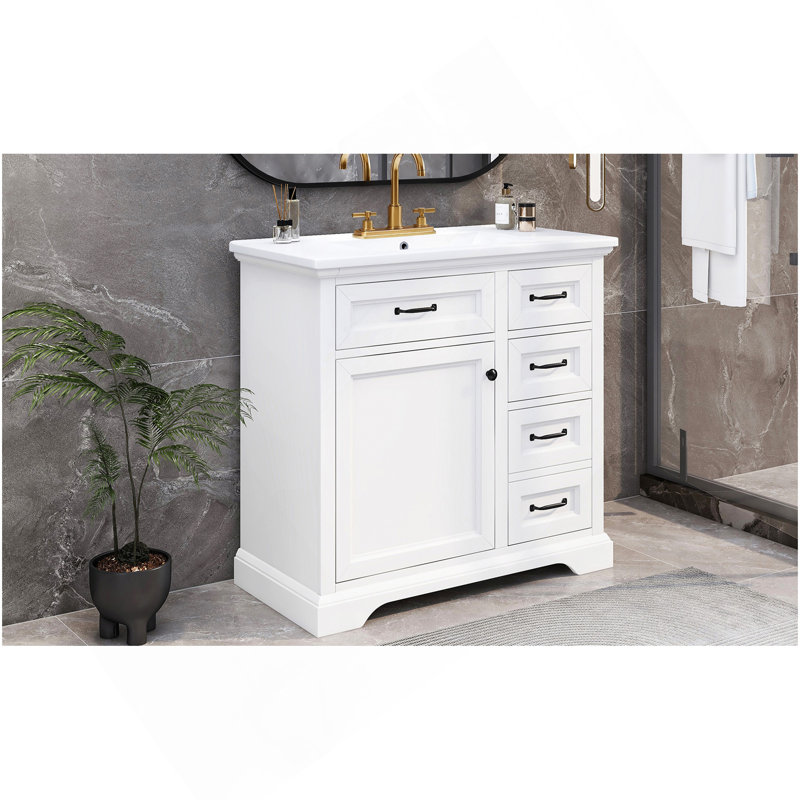 Meuble-lavabo 36 po avec lavabo, lavabo en céramique, 2 tiroirs basculants, charnières de porte à fermeture en douceur, blanc