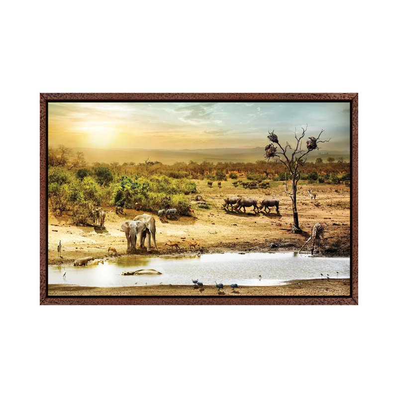 South African Safari Wildlife Fantasy Scene II by Susan Schmitz - Print on Canvas, Classic Brown Wood Floater Framed