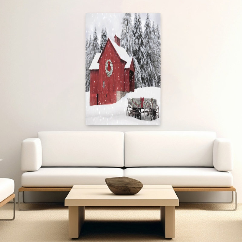 Paysage de Noël contemporain rouge avec grange et chariot, H 40 po x l 60 po