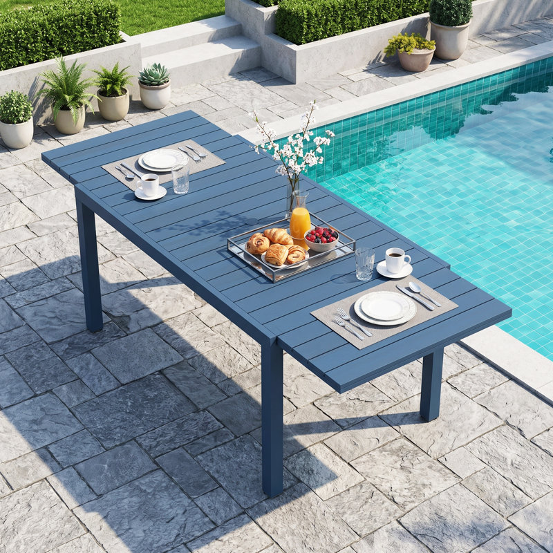 Table de salle à manger extensible pour 4 à 8 personnes en PEHD à grain de bois et cadre en aluminium avec verrous de sécurité et pieds réglables