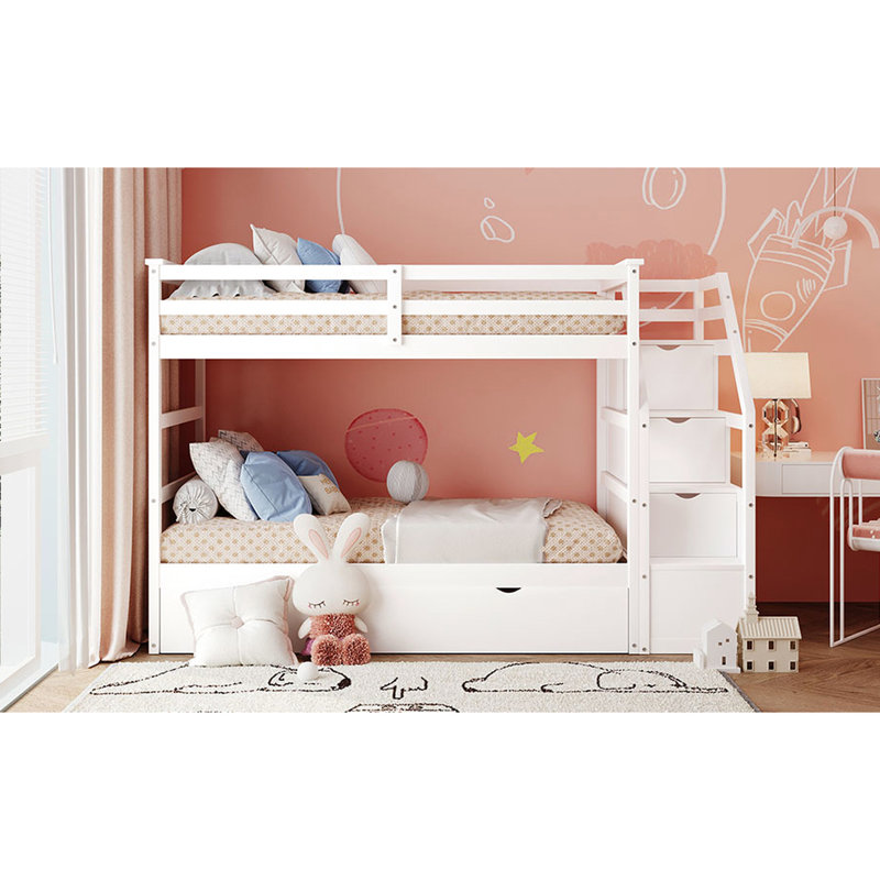 Lit superposé Twintwin avec 3 escaliers de rangement et lit gigogne blanc - Option de chambre spacieuse et pratique offrant des options de couchage polyvalentes
