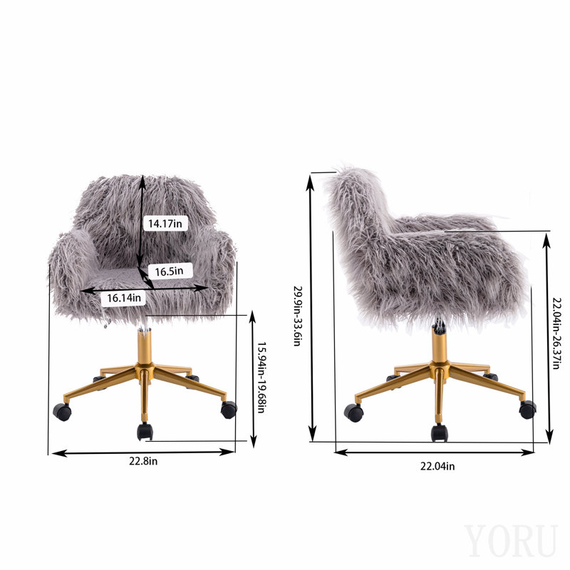 Modern Faux Fur Home Office Chair, Fluffy Chair For Girls, Makeup Vanity Chair With Gold Plating Base
