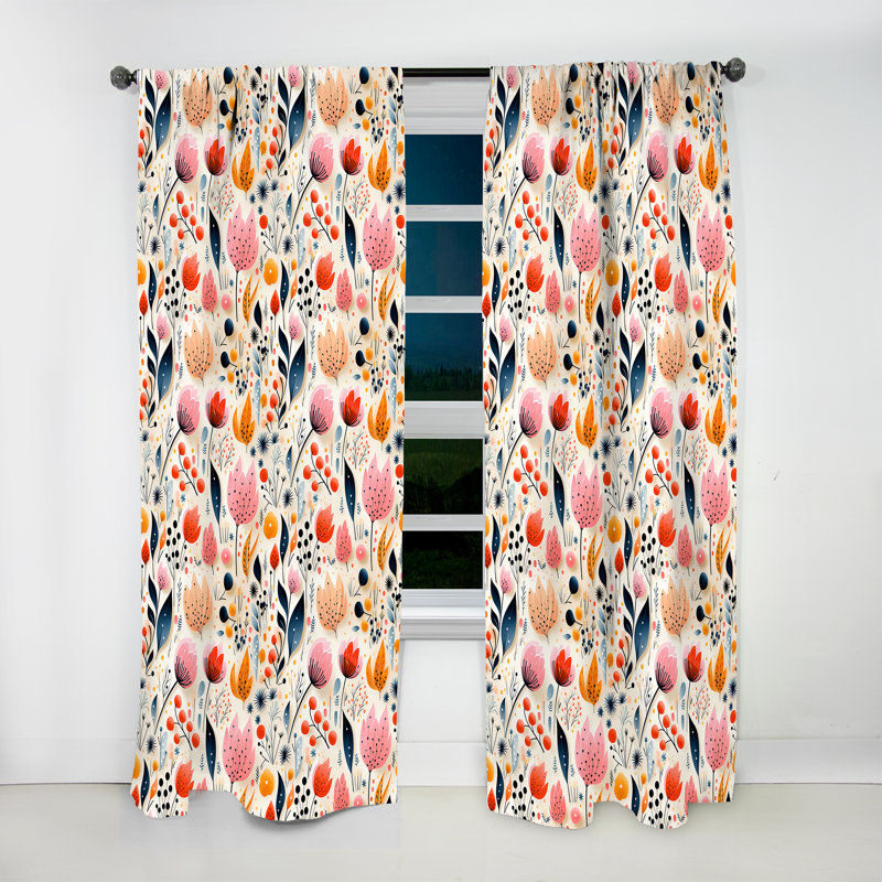 Minimalist Pastel Flowers Pattern - Mid-Century Curtain - Velvet Room Darkening - 1 Panel, 52" W x 63" L