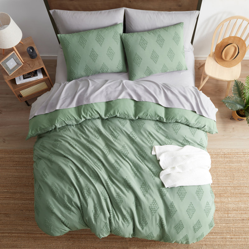 Modern Boho Duvet Cover Set, King Duvet Cover + 2 Shams, Green