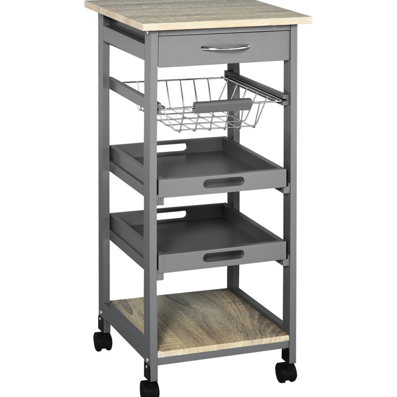 Chariot-îlot de cuisine gris avec tiroir, panier de rangement et plateau mobile