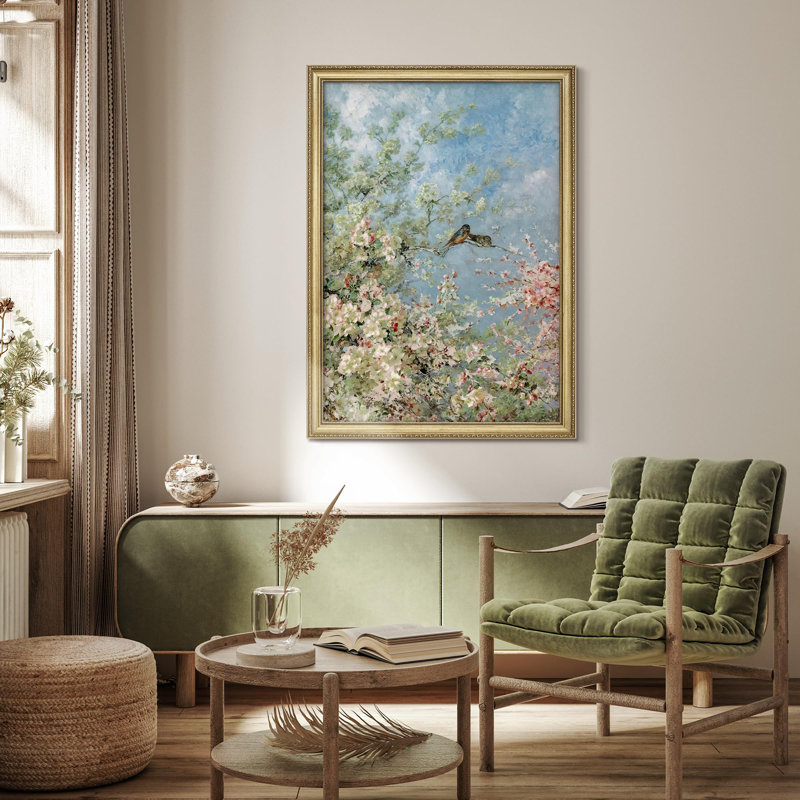 "Oiseaux sur des branches en fleurs, impressionisme, décoration murale encadrée dorée", Non