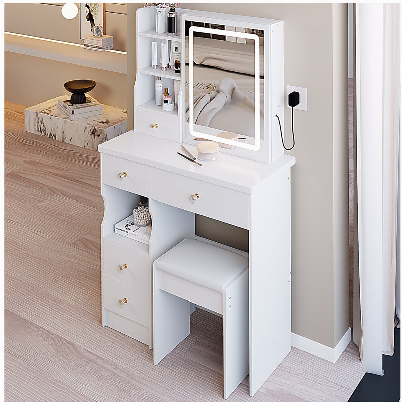 29.2" Small Size Left Drawer Desktop Vanity Table + Cushioned Stool, Large Sliding, Touch Control, Tri-color Switching, Brightness Adjust LED Mirror, High Capacity Storage, Suitable for Small Space