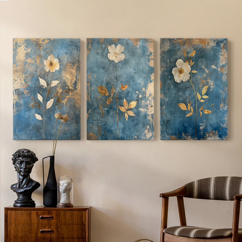 Étude florale série XV - ensemble de 3 toiles tendues avec châssis - prêt à être accroché, H 27 po x l 18 po