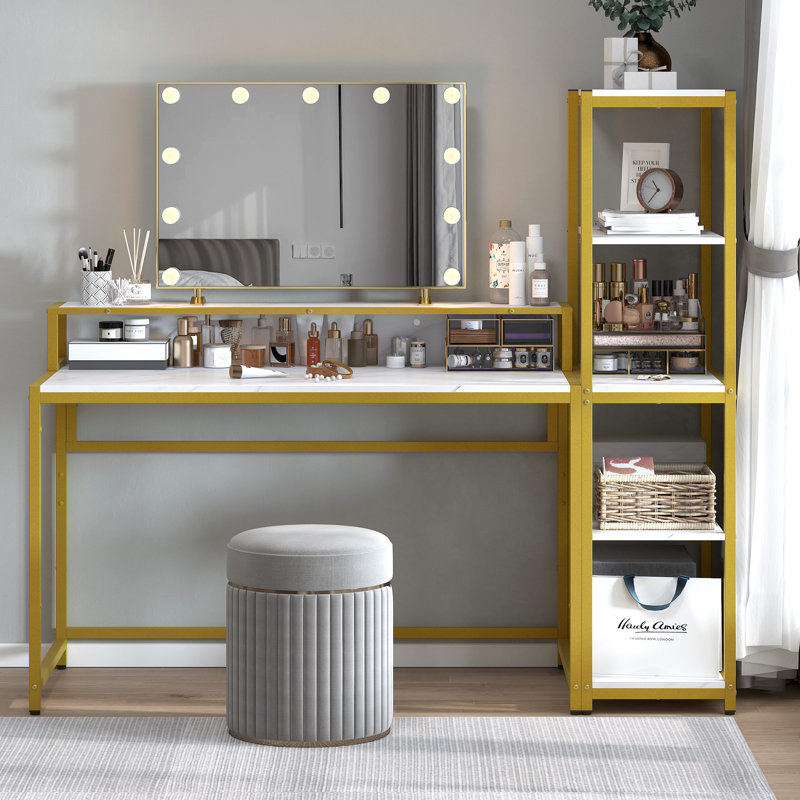 Bureau d'ordinateur en T Panos, Marbre / or, H 55,78 po x l 62,99 po x P 23,62 po