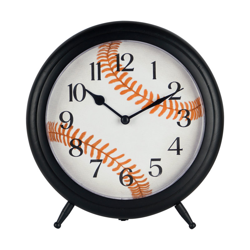 Round Analog Wood Quartz Baseball Softball Tabletop Clock