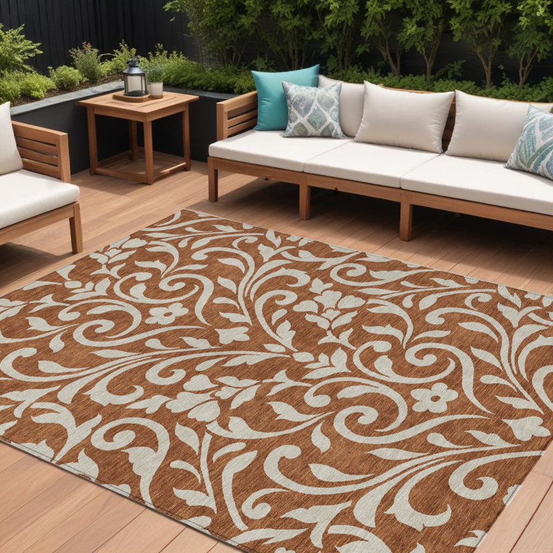 Tapis extérieur lavable floral brun et beige 10 pi x 14 pi