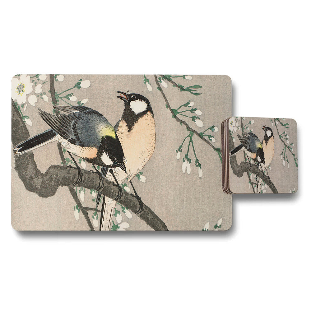 Birds on Branches Placemat and Coaster Set With Blossoms Artwork