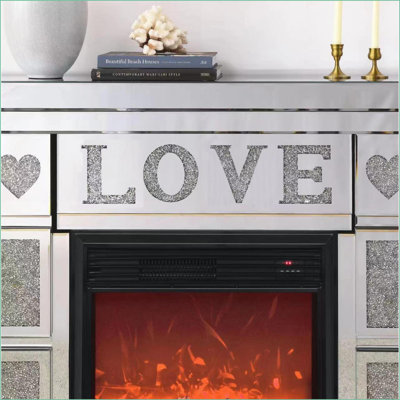 Foyer électrique d'intérieur | Miroir en argent brossé avec flammes à DEL 3D | L 46 po x P 12,6 po x H 41 po | Autoportant | Panneau de fibres à densité moyenne + verre