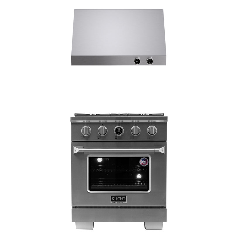 KUCHT 30 In. 4.2 Cu. Ft. 4 Burners Dual Fuel Range For Propane Gas In Stainless Steel + Under Cabinet Range Hood