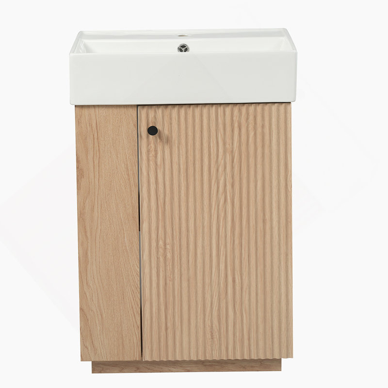 Meuble-lavabo de 21,6 po avec lavabo en céramique, armoire moderne autoportante à grain droit avec rangement ouvert et fermé pour les petites salles de bain