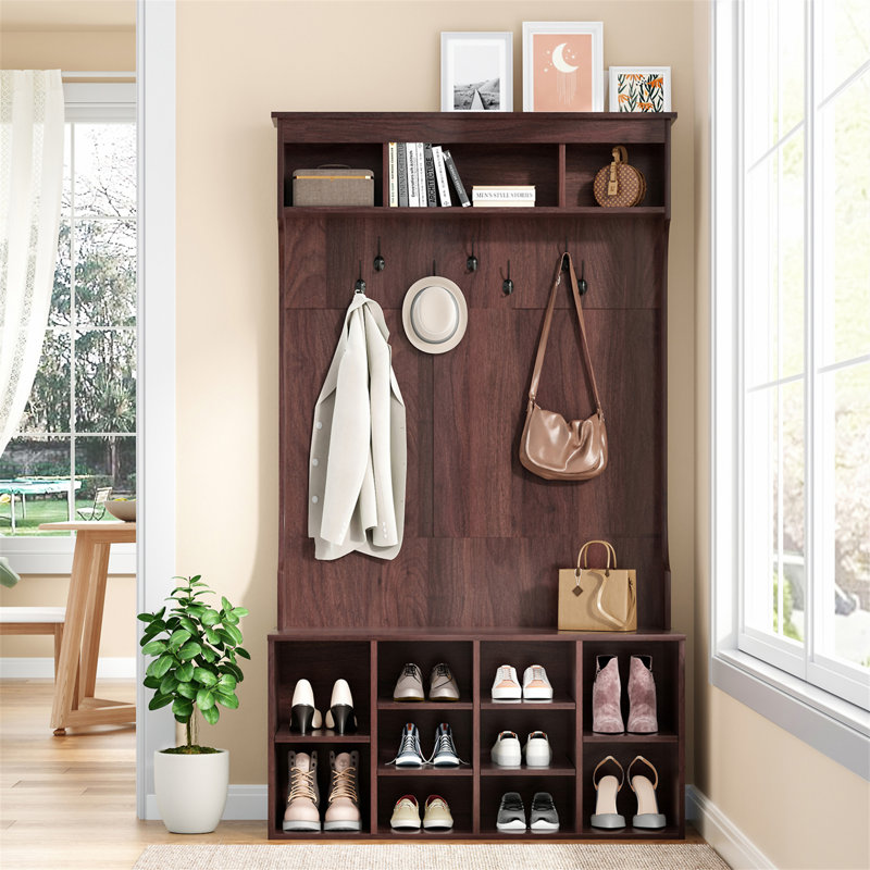 Arbre d'entrée 70,9 pouces avec banc et rangement pour chaussures pour la boue, Noyer foncé