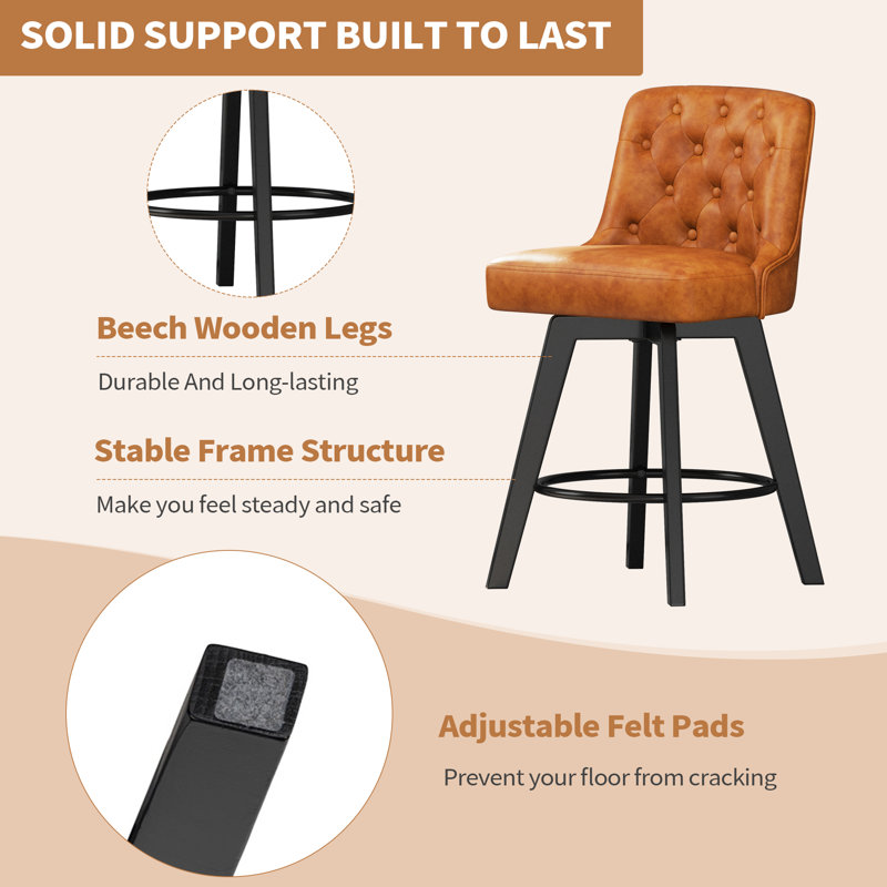 Swivel Upholstered 26'' Counter Stool Wood Leg, Brown, Counter Stool (26" Seat Height), 1