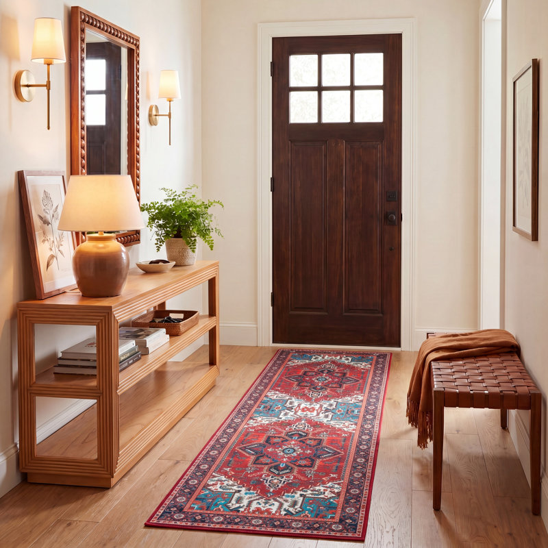Tapis oriental rouge / bleu Sonia, Tapis de couloir 2 pi 6 po x 8 pi