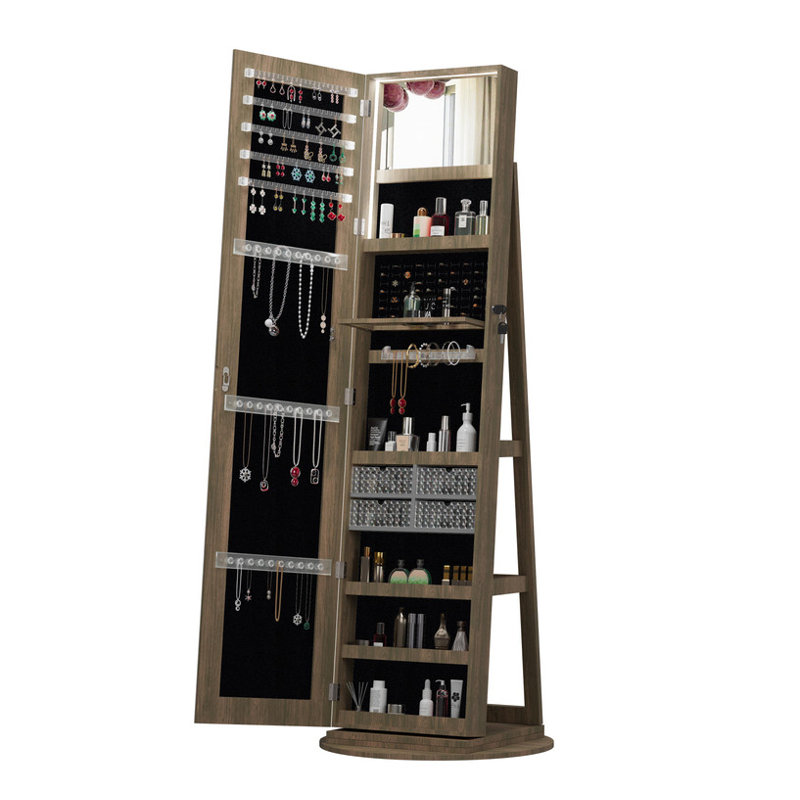 Armoire à bijoux avec miroir pleine longueur - 360 ° pivotant, rangement verrouillable avec miroir intérieur, rangement compact