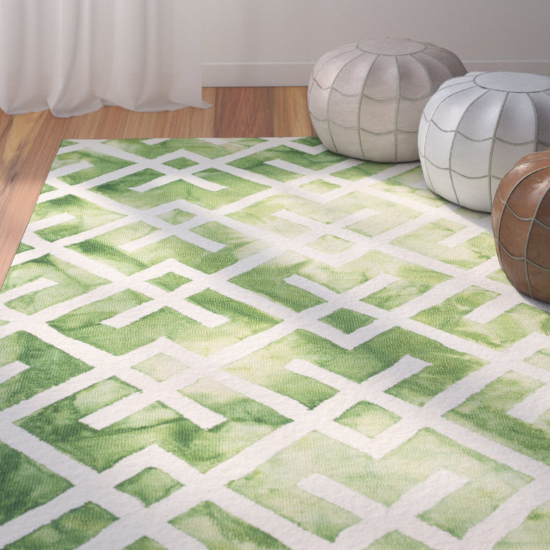 Tapis vert / ivoire en coton tissé à la main Bryauna, Rectangle 8 pi x 10 pi