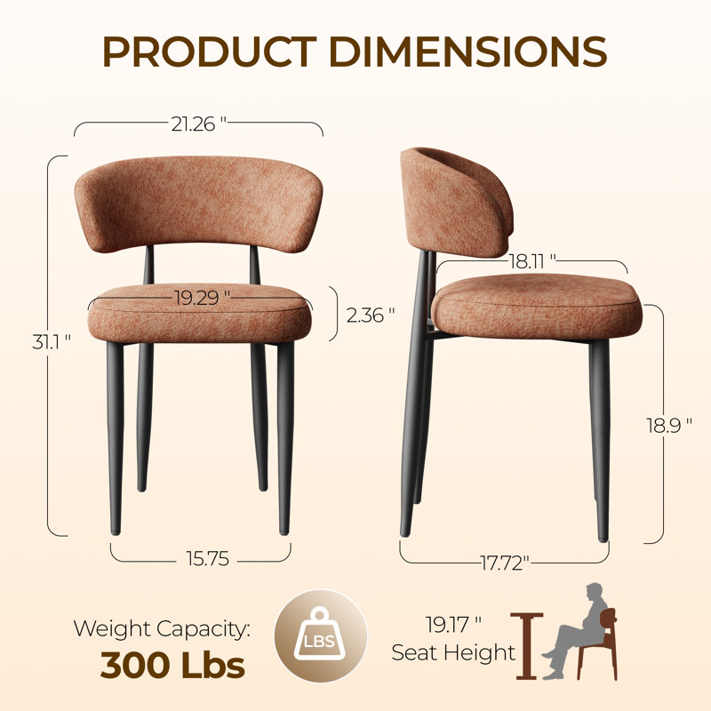 Ensemble de 2 chaises en chenille avec pieds en métal pour salle à manger, brun, Brun