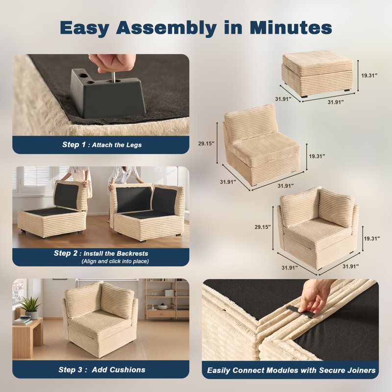 8-piece Plush Corduroy Modular Sectional Sofa With Ottoman, Comfy Deep Seat Cloud Couch, Upholstered Living Room Set