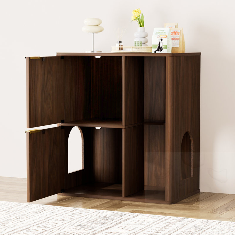 Litière pour chat avec arbre à chat et tablettes de rangement, Noyer