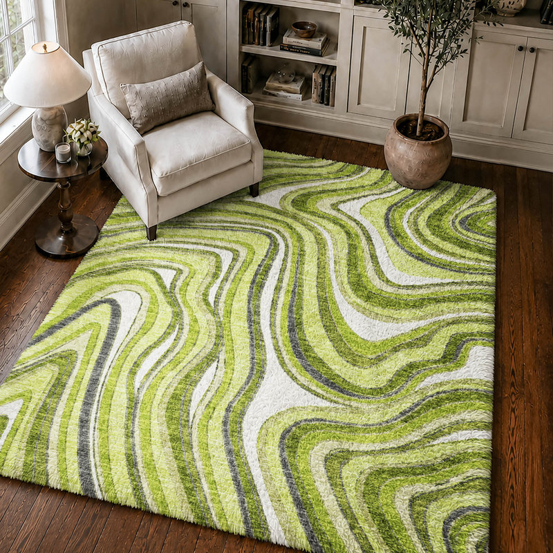 Shag Washable Abstract Indoor Rug, Lime, 8' x 10'