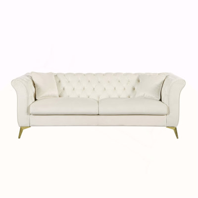 Canapé Chesterfield, canapé Stanford, canapé Chesterfield de haute qualité, BEIGE, canapé en tissu touffeté et froissé; canapé Stanford contemporain. Canapé capitonné avec accoudoirs et dossier à volutes