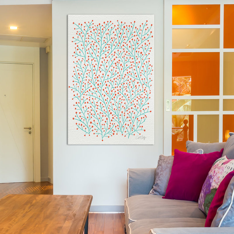 «Berry Branches Red Turquoise» par Cat Coquillette - estampe numérique sur toile tendue avec châssis, Pas de tapis